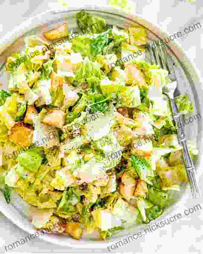 A Classic Caesar Salad, Featuring Crisp Romaine Lettuce, Grated Parmesan Cheese, Crispy Croutons, And A Creamy Dressing Made With Mayonnaise, Anchovies, Lemon Juice, And Garlic THE OF SALADS FROM DIFFERENT COUNTRIES