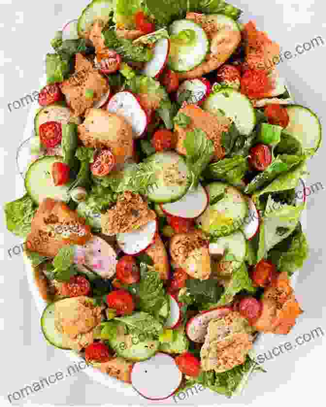 A Vibrant Fattoush Salad, Featuring Toasted Pita Bread, Fresh Vegetables, And Herbs, Tossed In A Tangy Lemon Sumac Dressing THE OF SALADS FROM DIFFERENT COUNTRIES